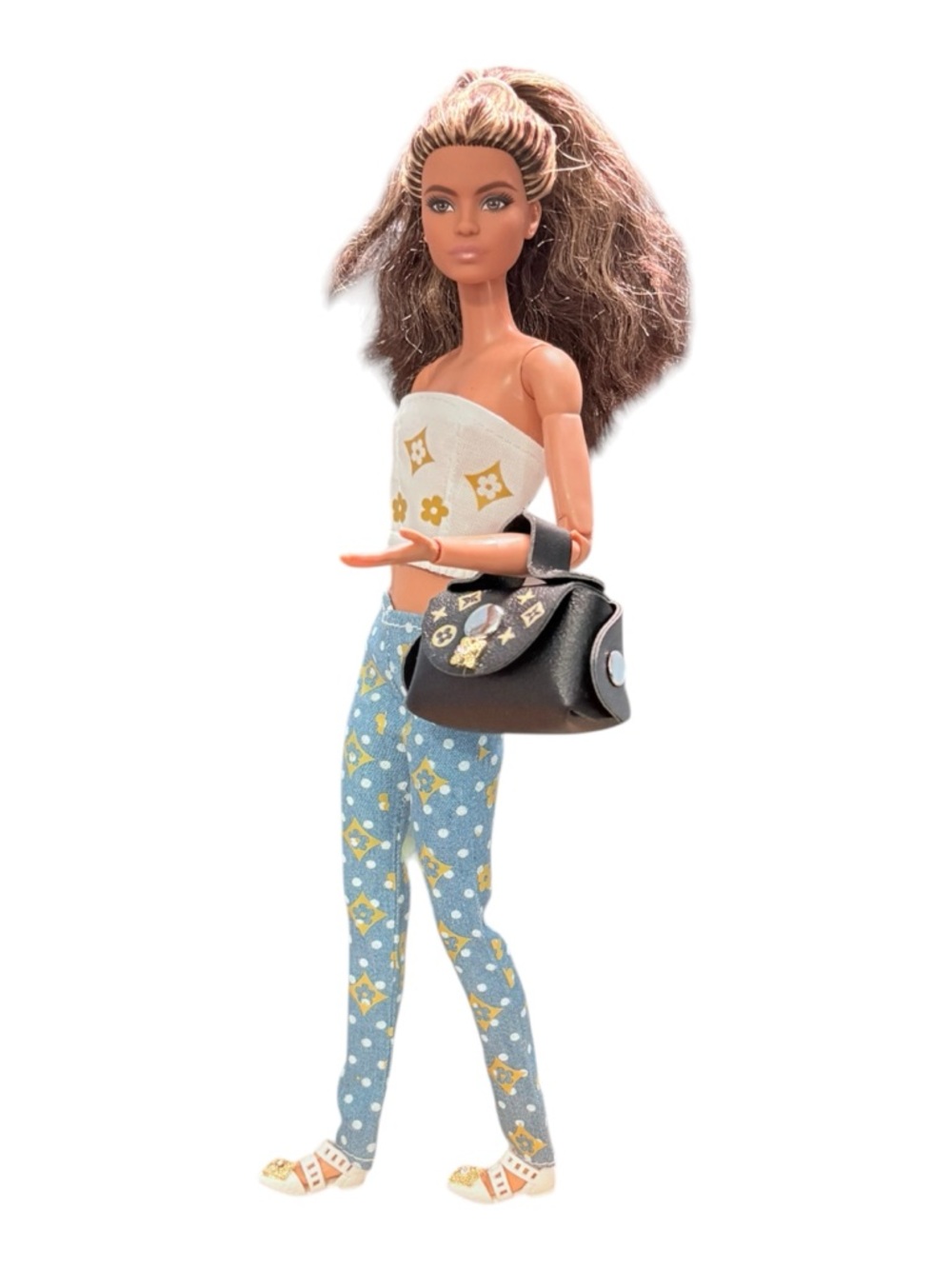 Fashion doll  Blue Floral Print Pants & White Crop Top Set - Picture 2 of 7